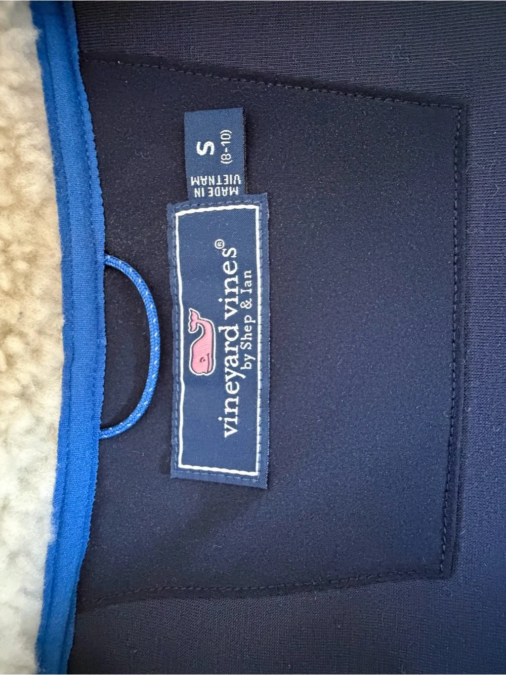 Vineyard Vines Navy Vest with Cream Sherpa and Blue Trim